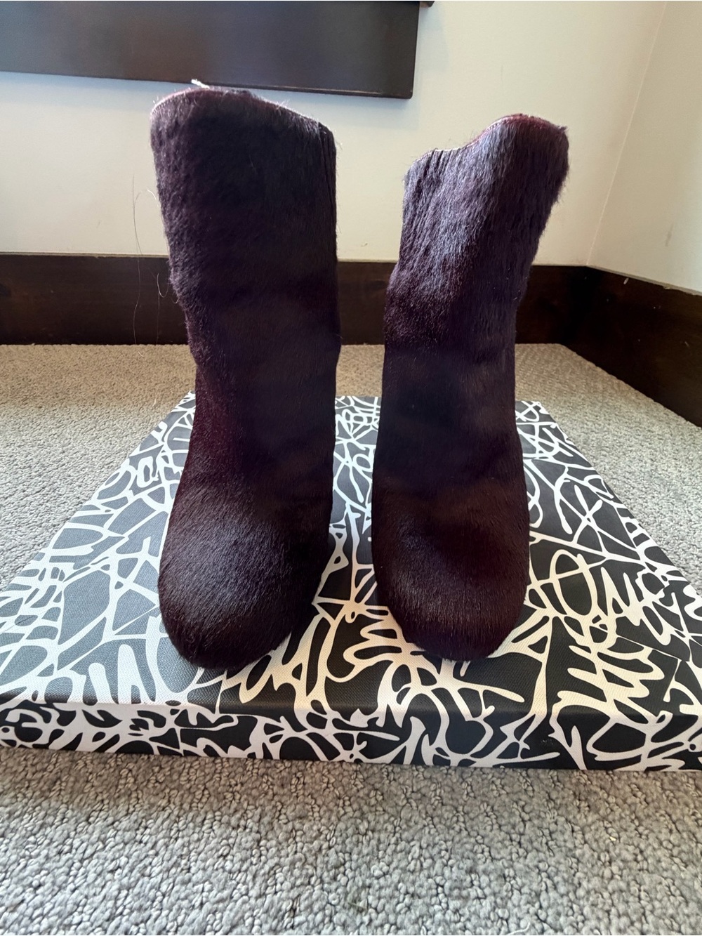 DVF Diane von Furstenberg Lis Runway Calf Hair Boots Claret Size 9
